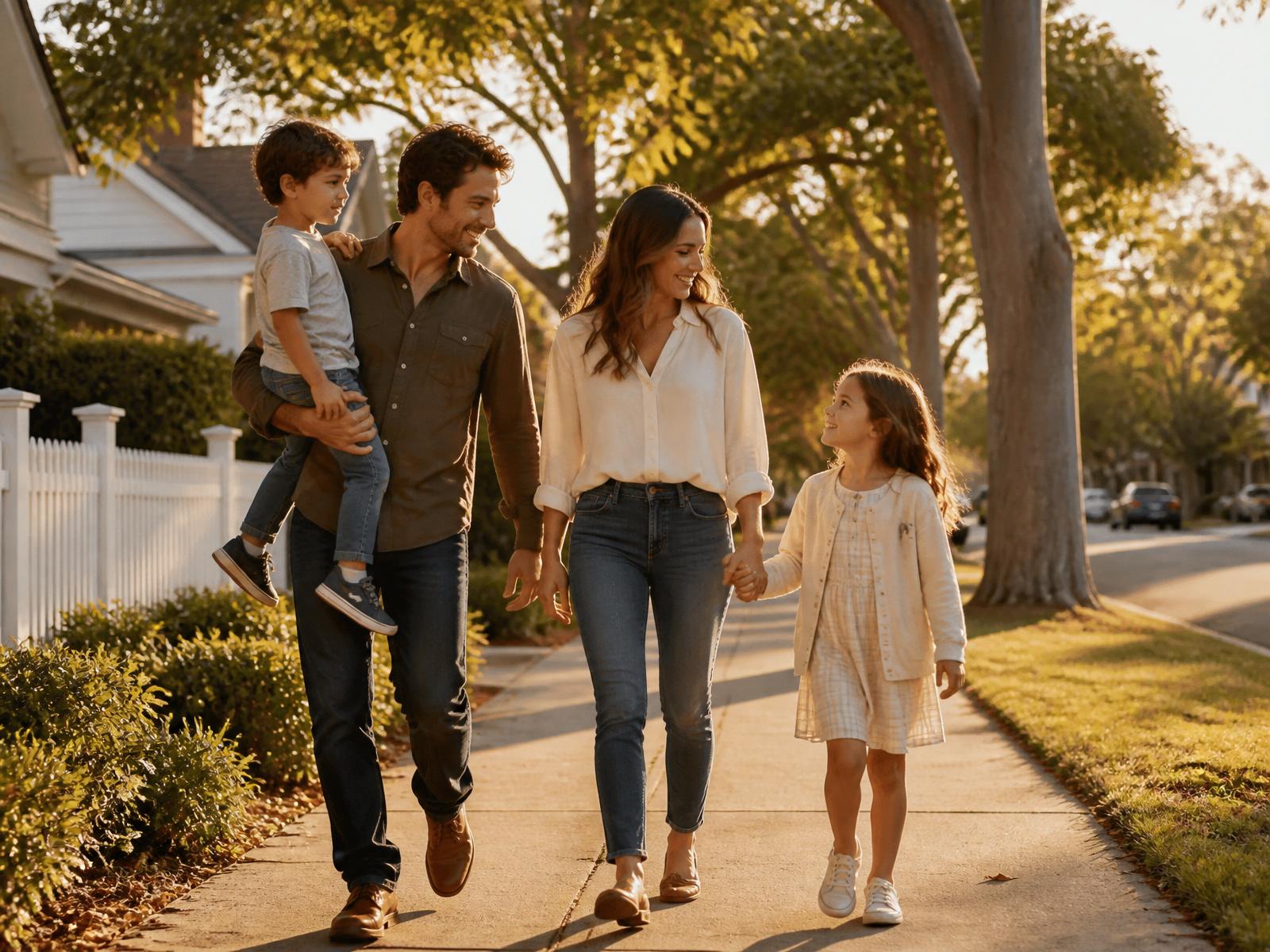 A family walking together in golden hour light on a suburban street