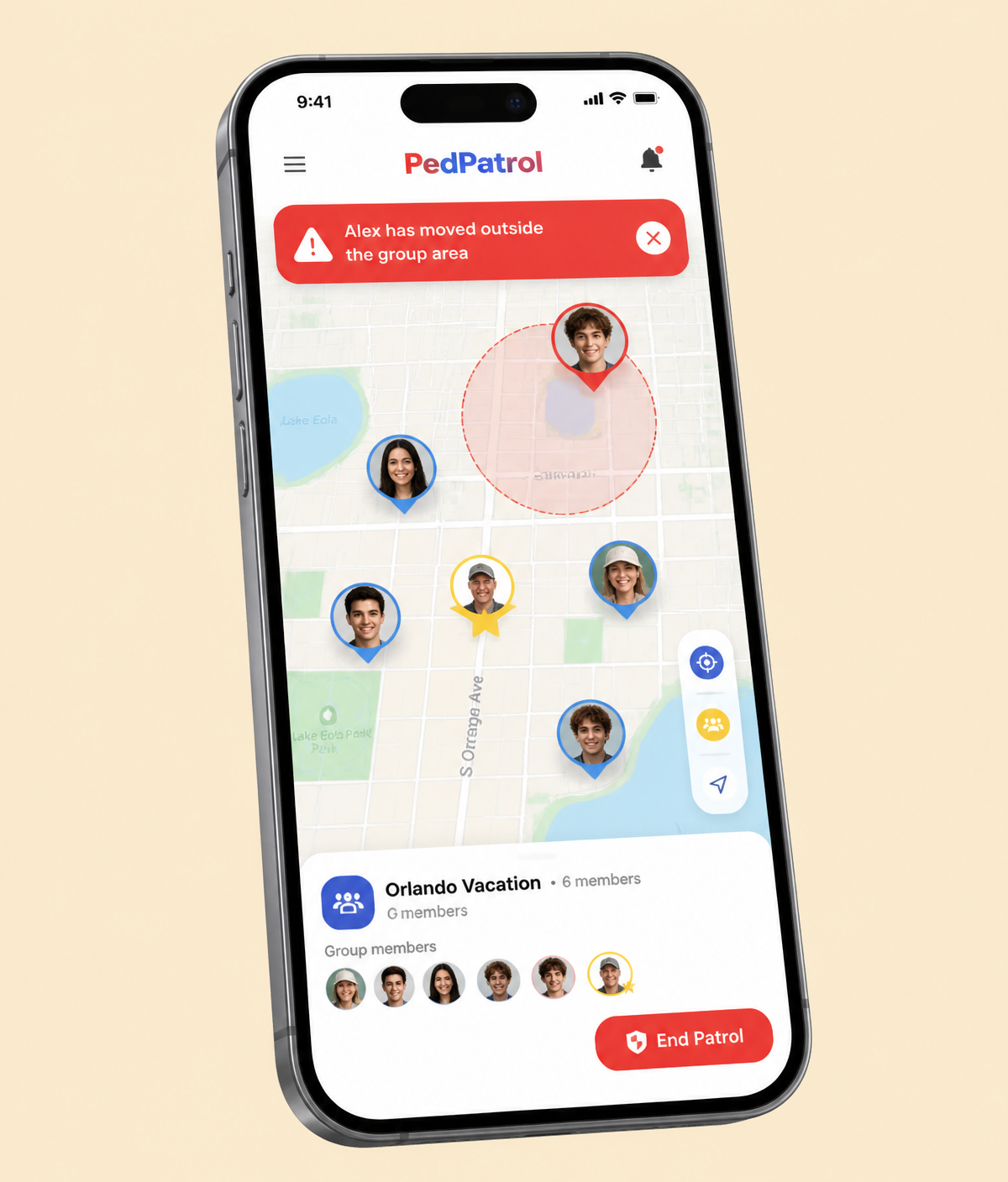 PedPatrol app showing a group map with a chaperone alert that Alex has moved outside the group area
