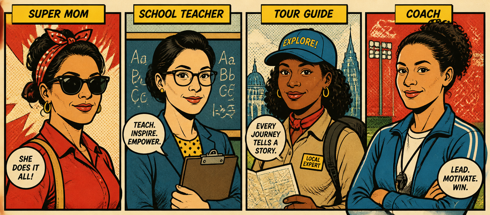 Four illustrated portraits: super mom, school teacher, tour guide, and coach