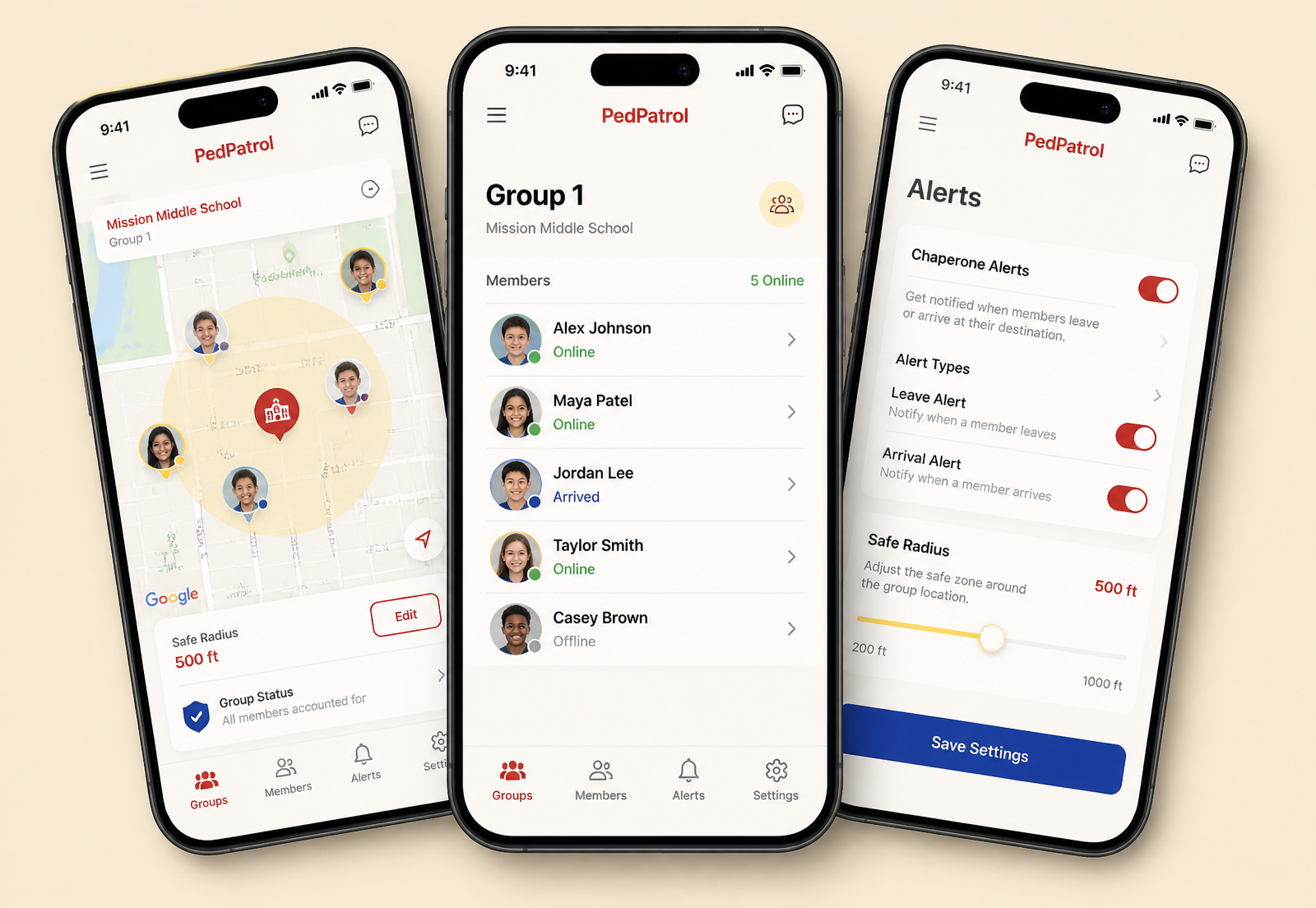 Three PedPatrol phone screens: group map with safe radius, member list, and alert settings