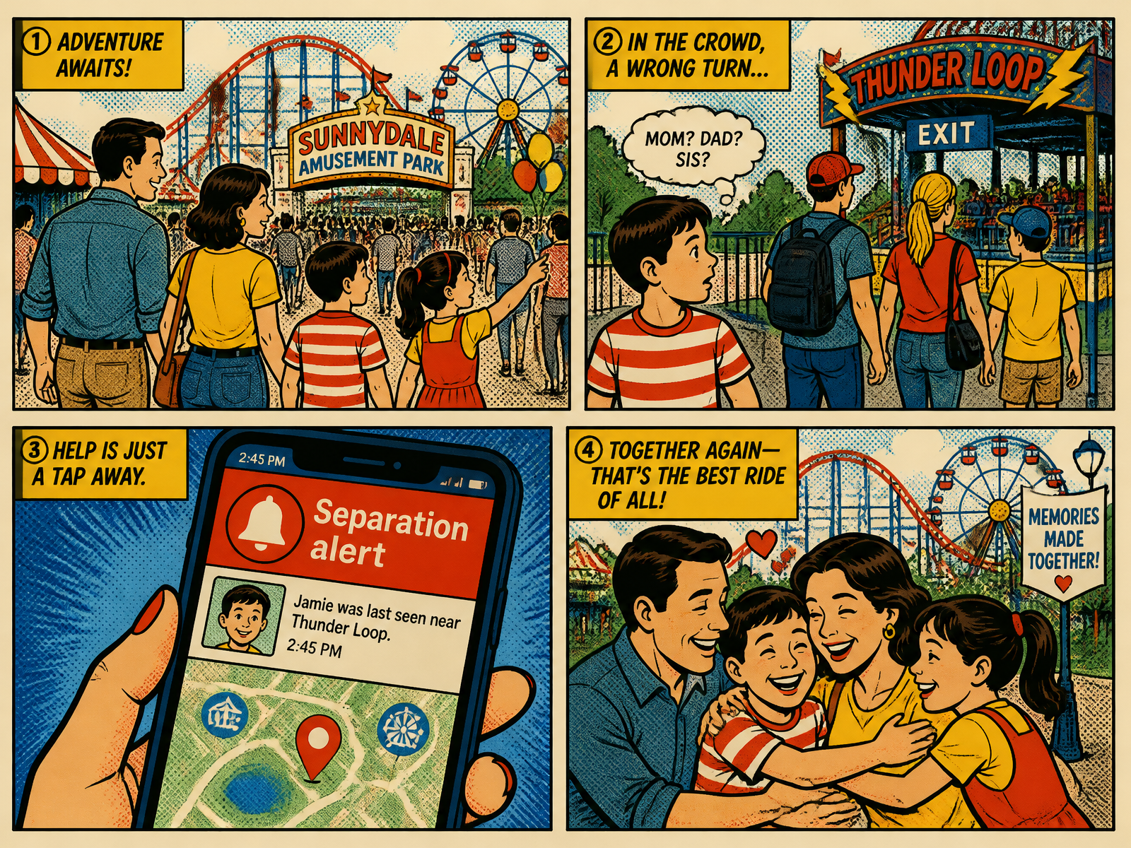 Four-panel comic: family enters amusement park, a child takes a wrong turn, chaperone gets a separation alert, family reunites
